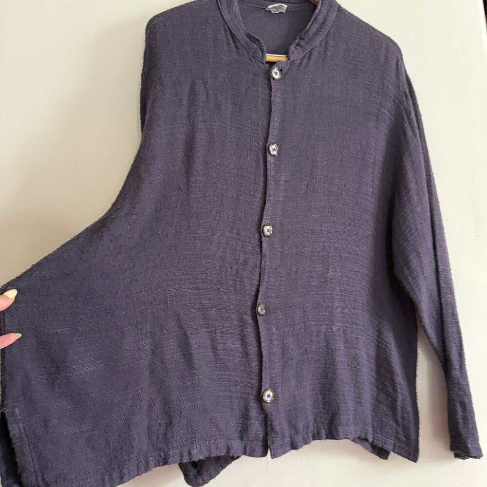 CP Shades 90s Vintage Aubergine Purple Button down Linen Rayon Band Collar Top L - Picture 7 of 8